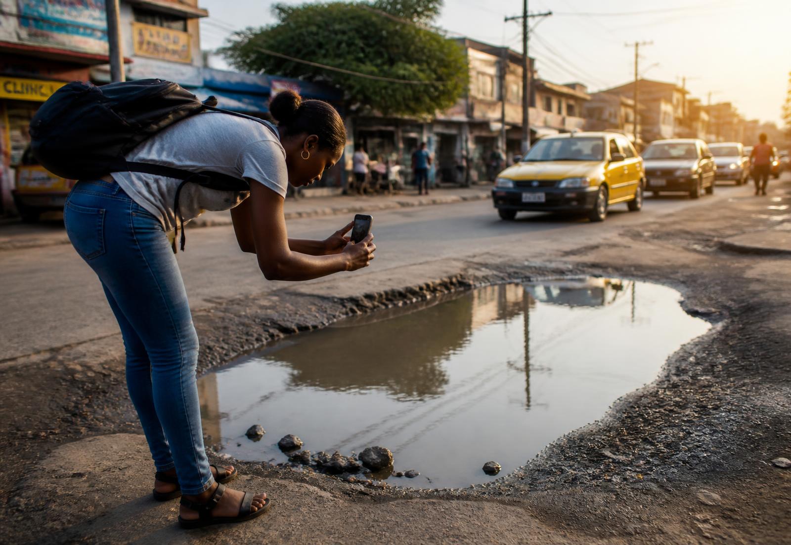 A resident documenting a water-filled pothole